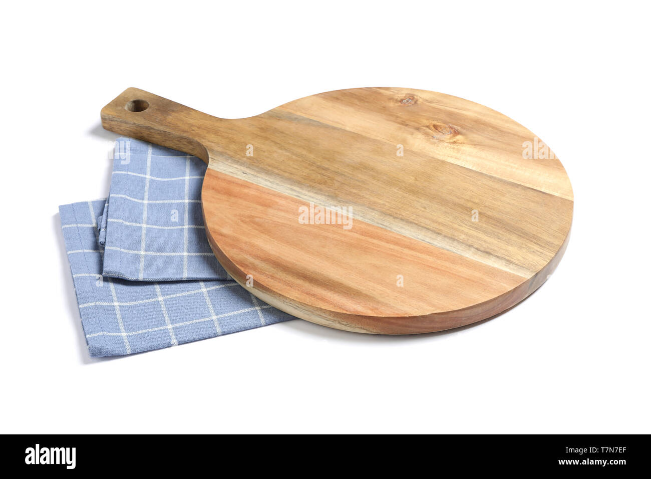 Cutting board with kitchen towel isolated on white background Stock Photo