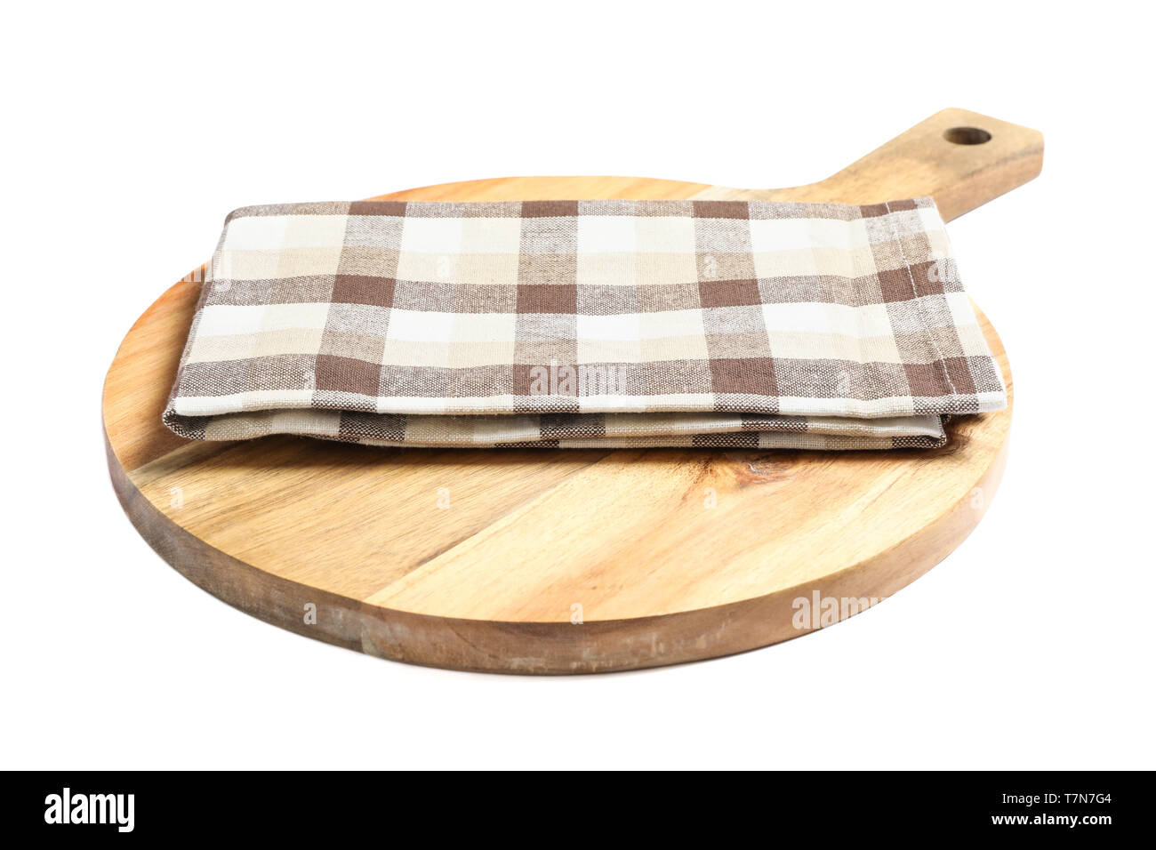 Cutting board with kitchen towel isolated on white background Stock Photo