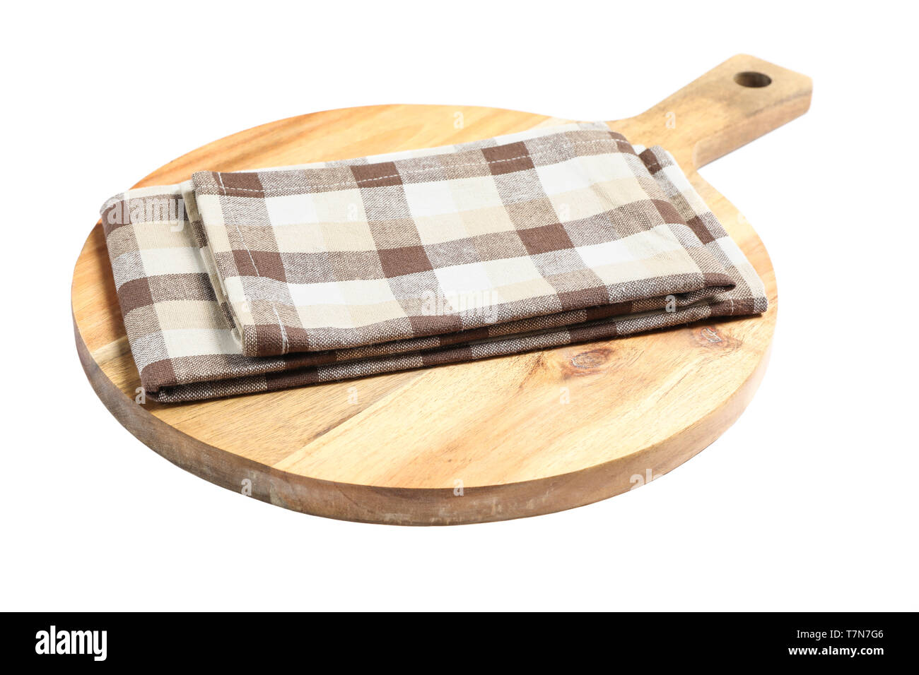 Cutting board with kitchen towel isolated on white background Stock Photo