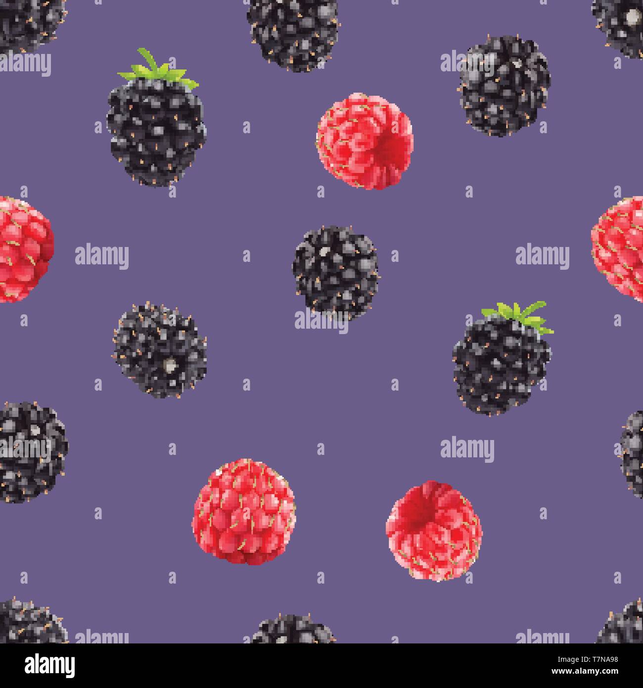 Blackberries and raspberries seamless pattern. 3d realistic vector berries. Stock Vector
