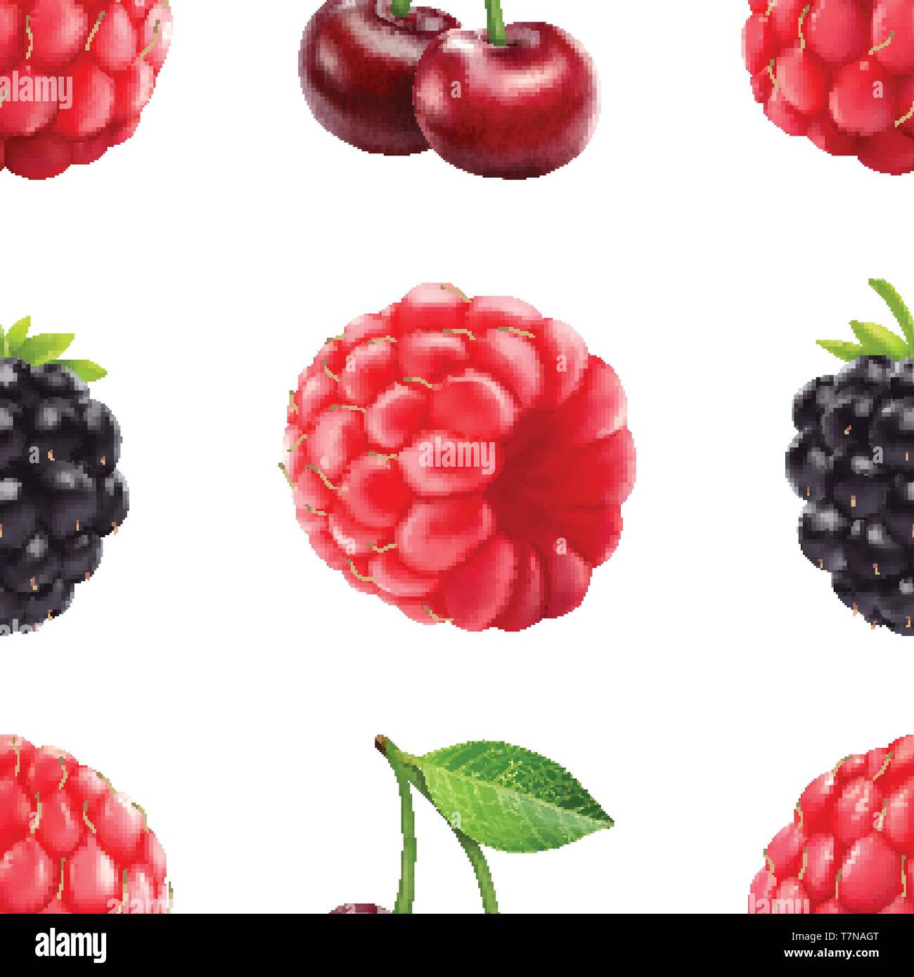 Blackberry cherry and raspberry seamless pattern. 3d realistic vector berries. Stock Vector