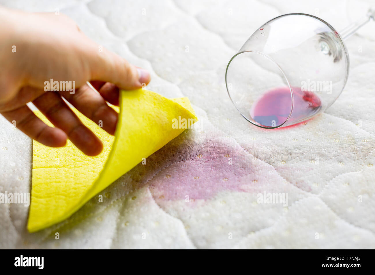 Sponge cleaning wine stain. Dropped wineglass. Spilled wine on white