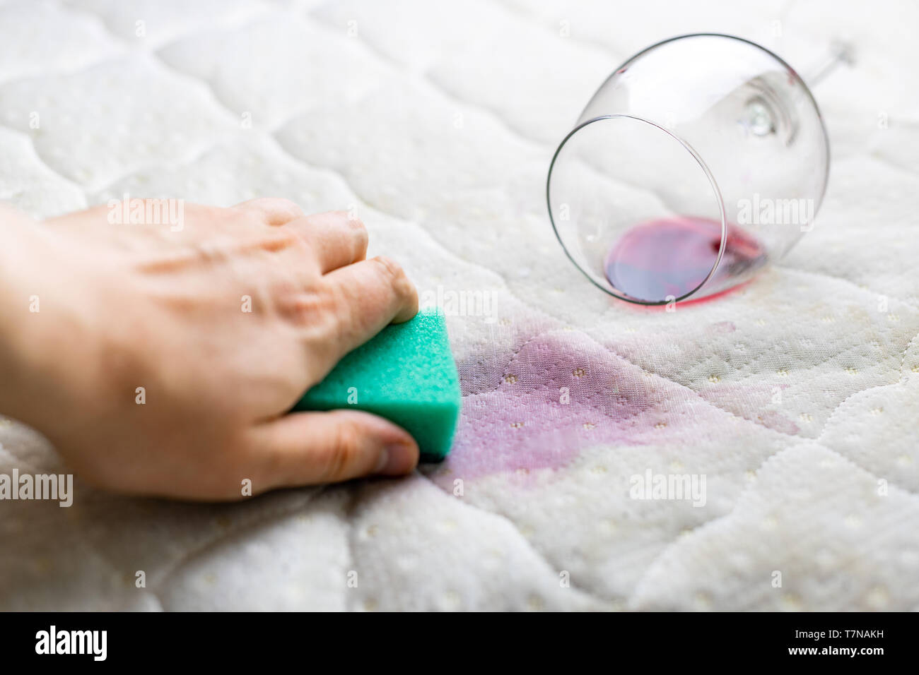 Sponge cleaning wine stain. Dropped wineglass. Spilled wine on white