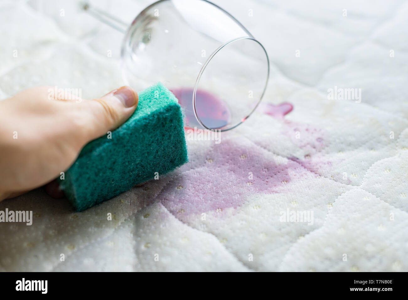 Sponge cleaning wine stain. Dropped wineglass. Spilled wine on white