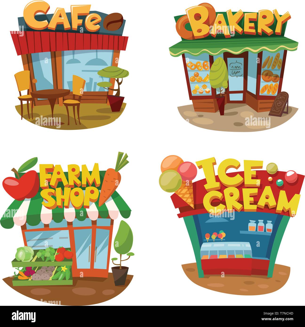 Set of four vector buildings of cafe, bakery, farm shop and Ice cream shop Stock Vector