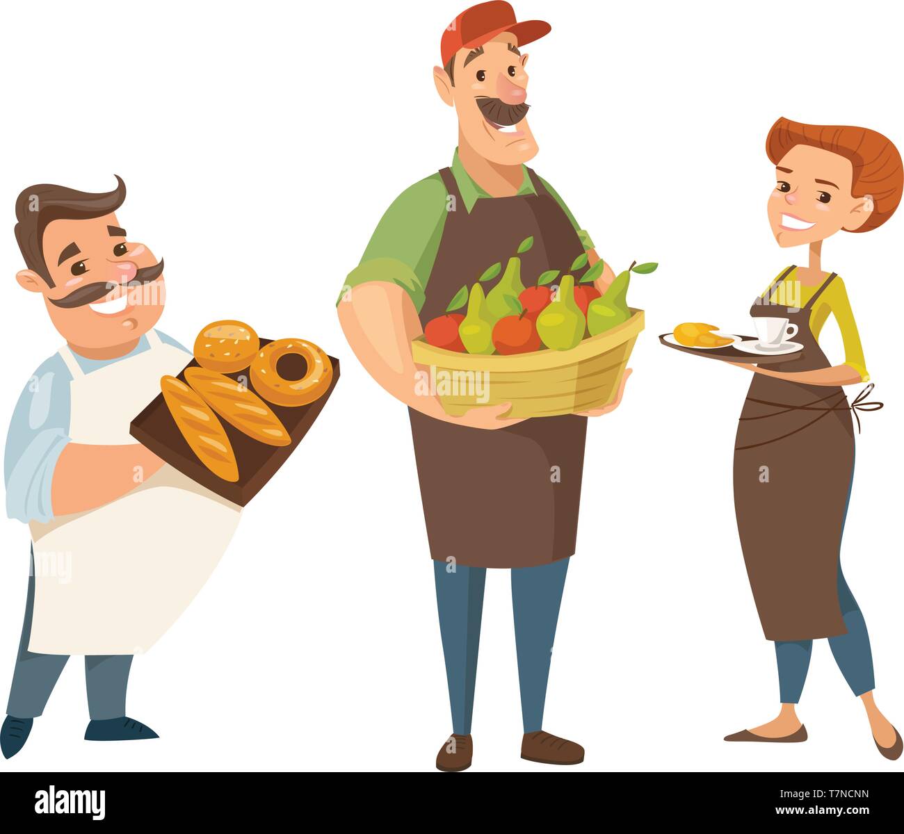 Vector profession characters designs. Baker, farmer and coffee waiter Stock Vector