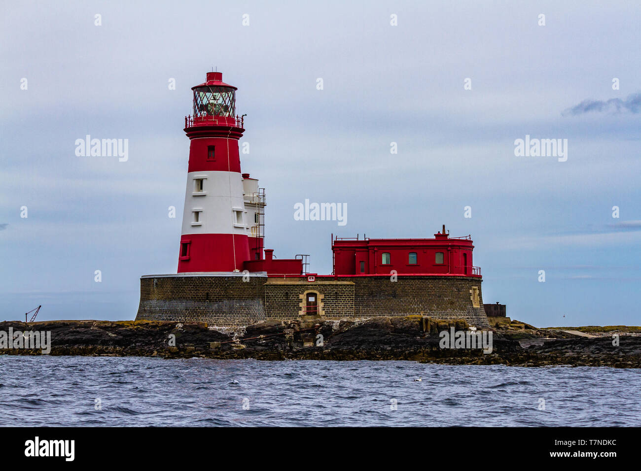 Longstone lighthouse, completed in 1826, once home to Grace Darling, and still active. Farne Islands, Northumberland, UK. May 2018. Stock Photo