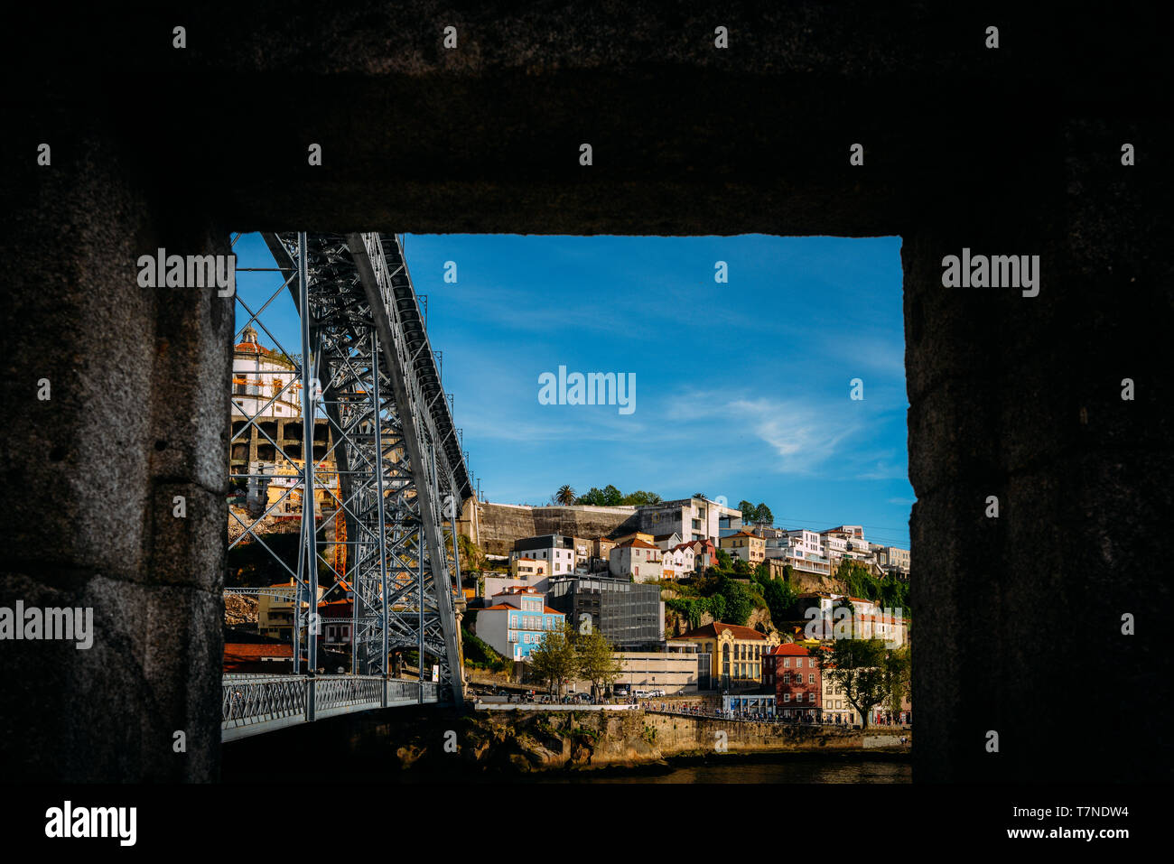 Frame of Dom Luis I bridge in Cais Ribeira, Porto, Portugal on the Douro River. Not a painting Stock Photo