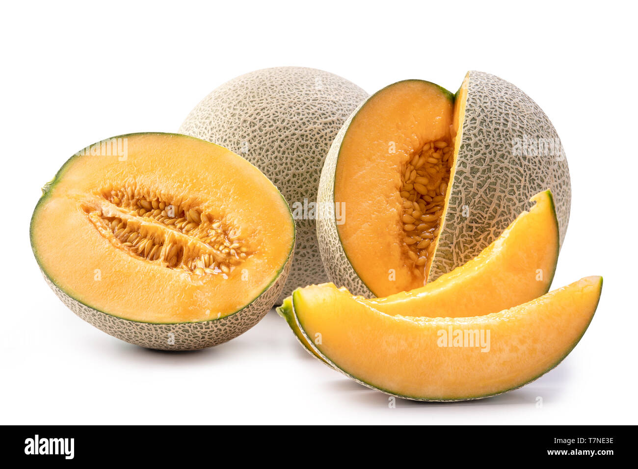 Beautiful tasty sliced juicy cantaloupe melon, muskmelon, rock melon isolated on white background, close up, clipping path, cut out. Stock Photo