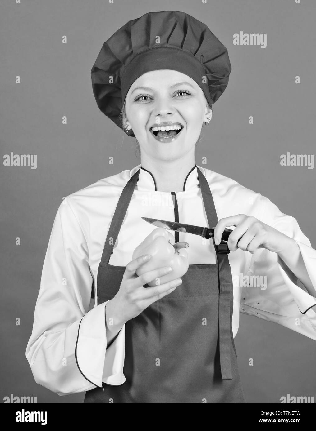 Woman professional chef hold sharp knife. Ways to chop food like pro