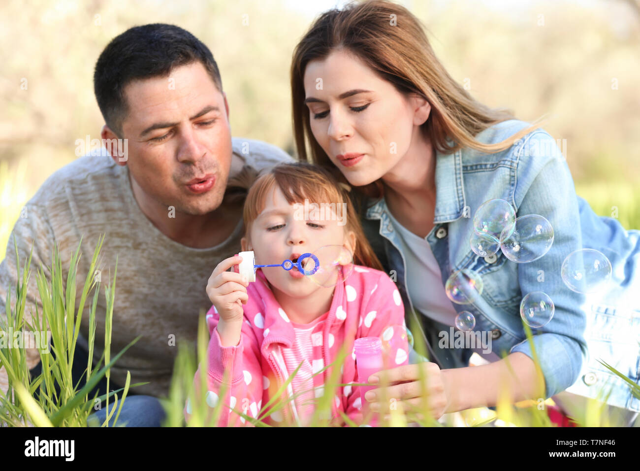 Happy family blowing soap bubbles in park Stock Photo - Alamy