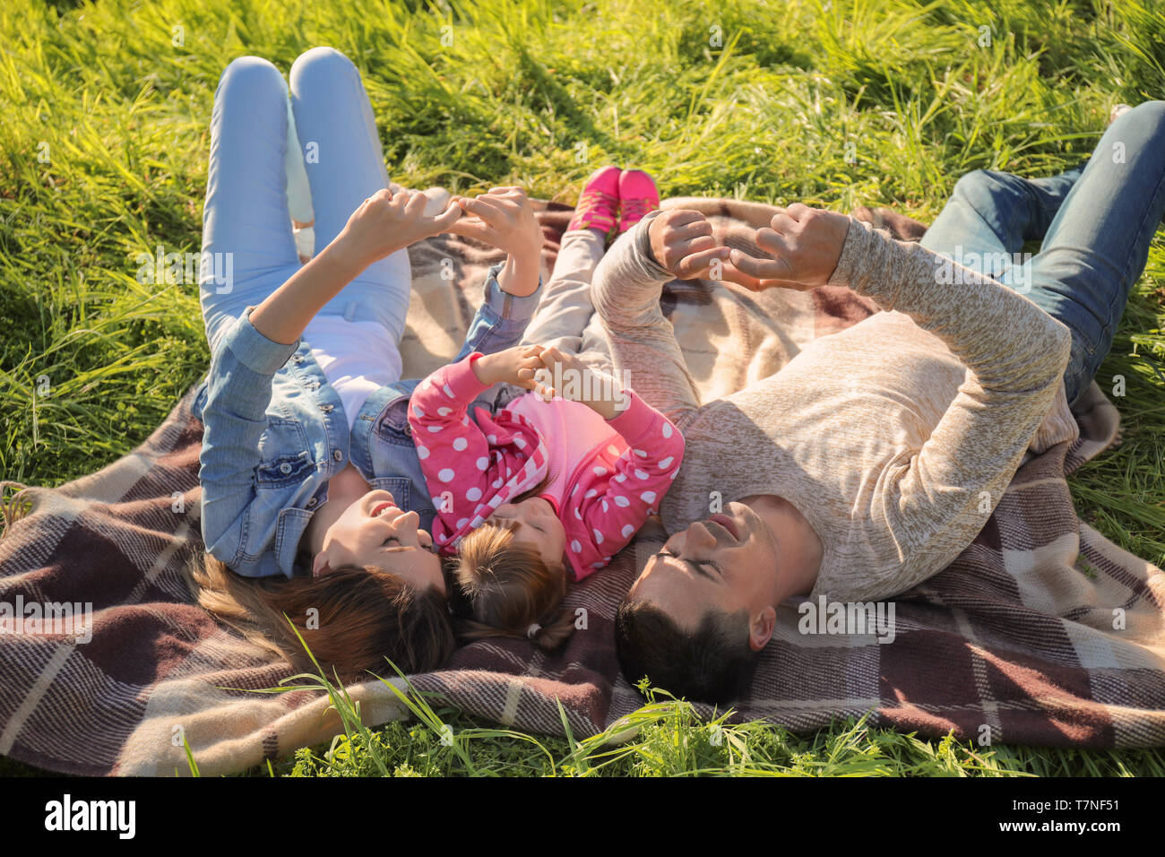 Happy family lying on green grass in park Stock Photo - Alamy