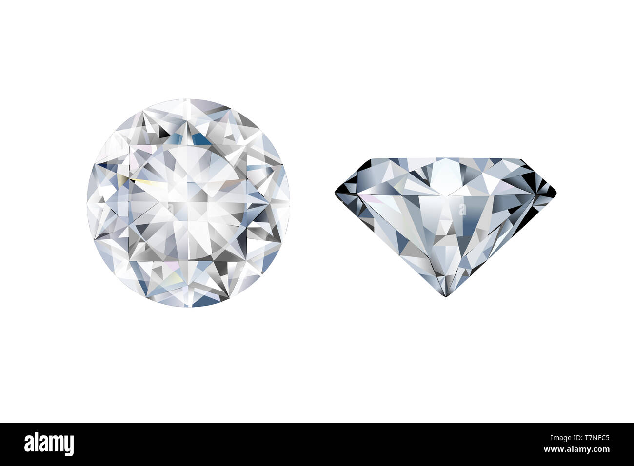 Two realistic diamonds in different perspectives on a white background Stock Photo