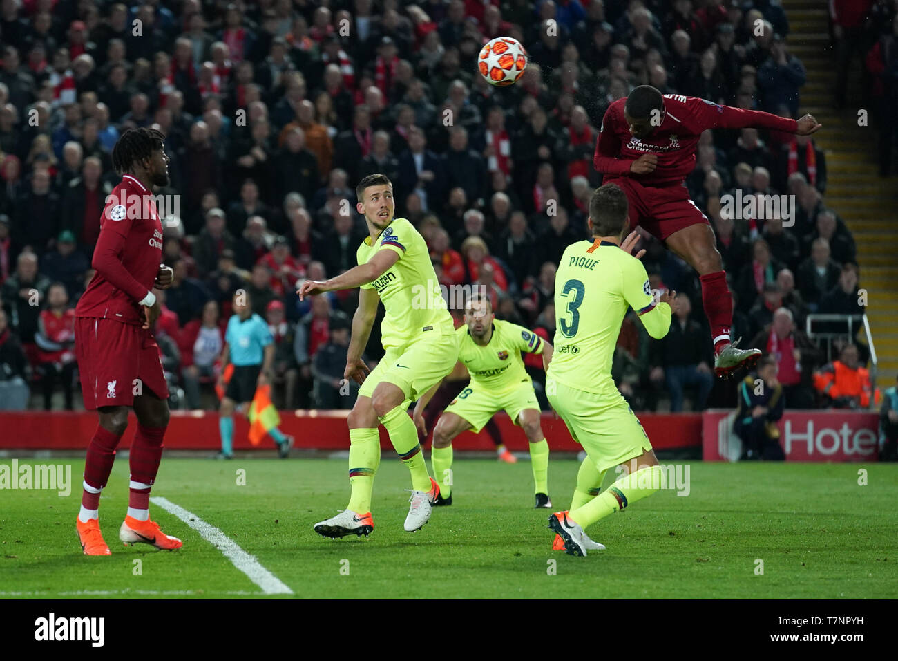 Liverpool's Georginio Wijnaldum scores his sides third goal 7th Mayl 2019 ,  Anfield Stadium, Liverpool, England; UEFA Champions League Semi Final,  Second Leg, Liverpool FC vs FC Barcelona Credit: Terry Donnelly/News Images