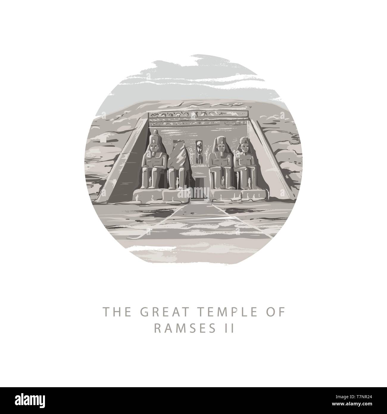 The Great Temple of Ramses 2 at Abu Simbel, Egypt. Gray tone vector illustration in circular the great temple of Ramses 2 hand drawn in white backgrou Stock Vector
