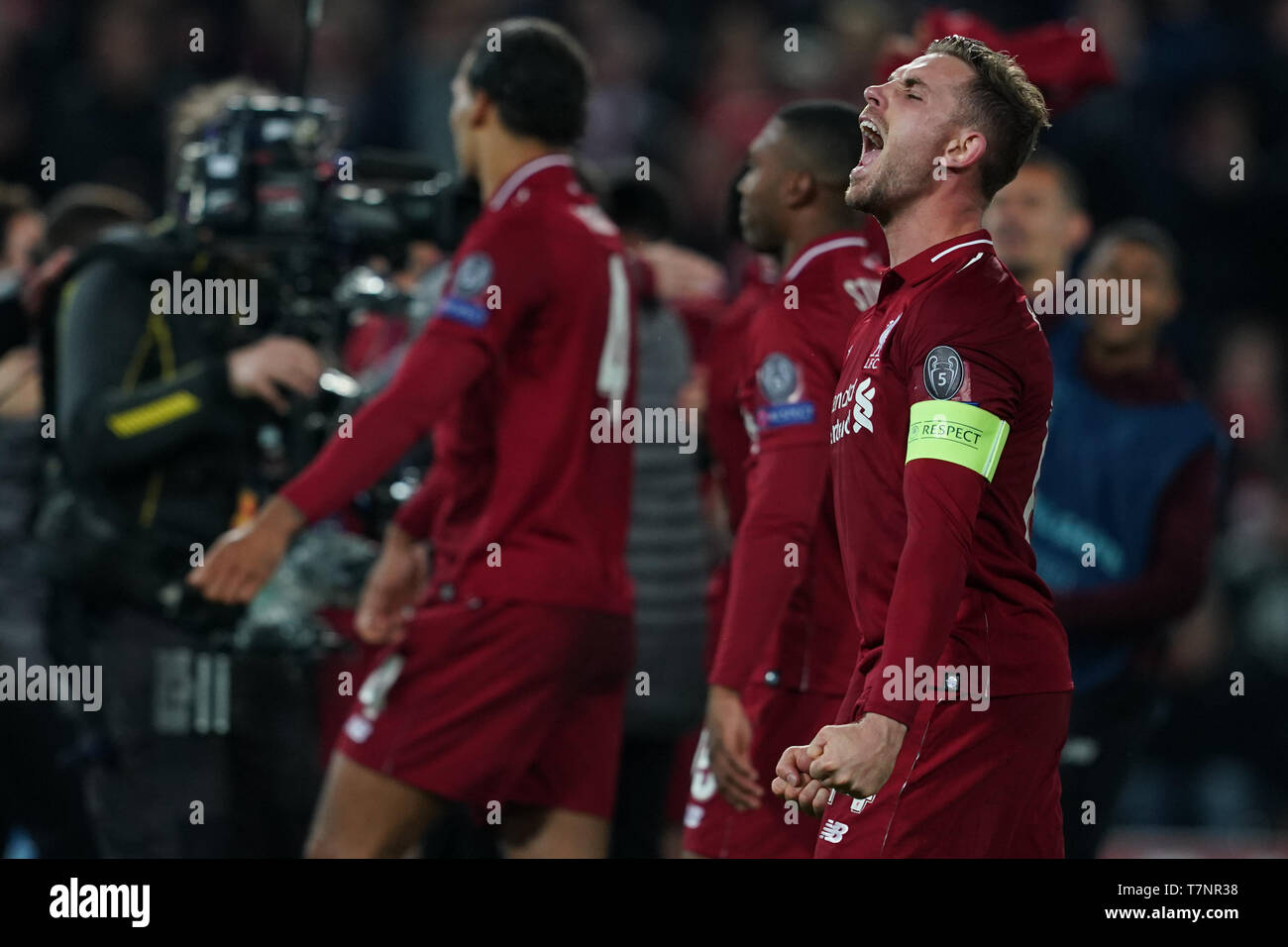 Liverpool's Jordan Henderson (C) celebrates at the end of the match  7th Mayl 2019 , Anfield Stadium, Liverpool, England;  UEFA Champions League Semi Final, Second Leg, Liverpool FC vs FC Barcelona   Credit: Terry Donnelly/News Images Stock Photo