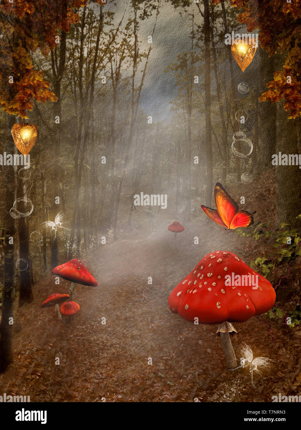 Autumnal foggy forest with red mushrooms Stock Photo - Alamy