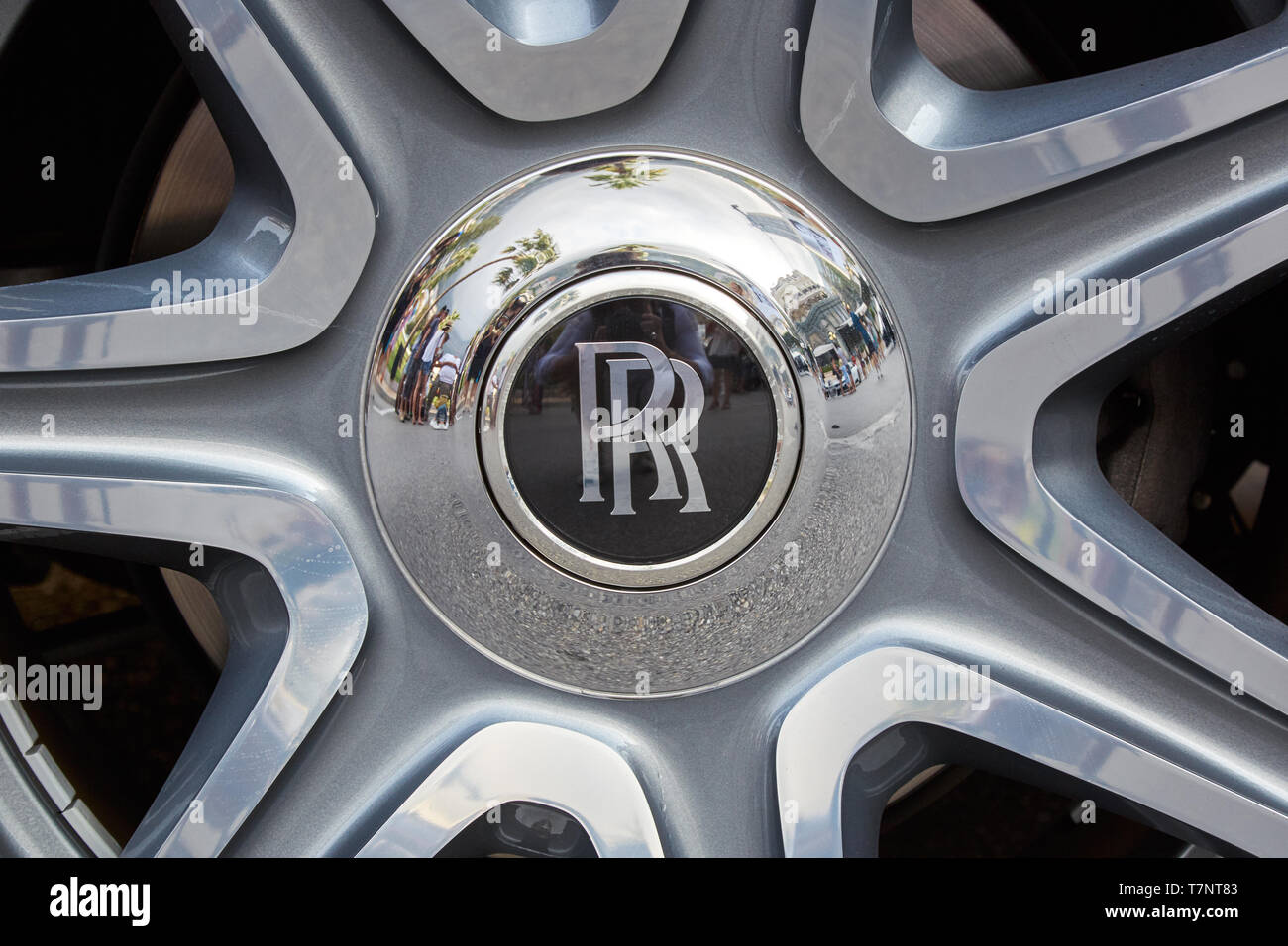 MONTE CARLO, MONACO - AUGUST 19, 2016: Rolls Royce luxury car silver wheel with logo in a summer day in Monte Carlo, Monaco. Stock Photo