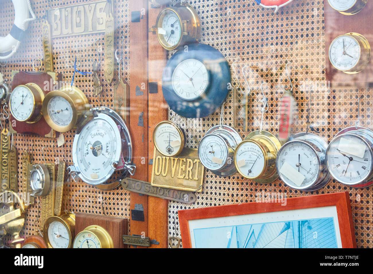 MONTE CARLO, MONACO - AUGUST 20, 2016: Nautical instruments shop window in a summer day, blue sky in Monte Carlo, Monaco. Stock Photo