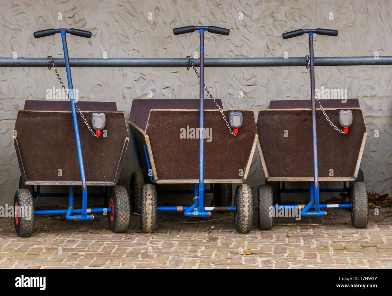 a row of pulling carts for baggage and children, locked and leashed on