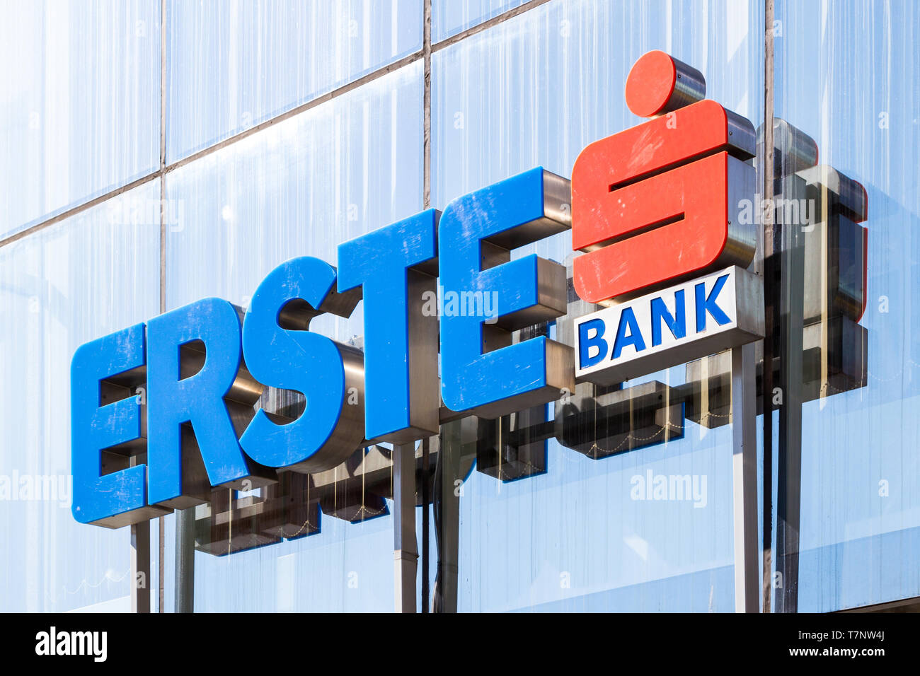 Erste Bank logo on glass building in Sopron, Hungary Stock Photo