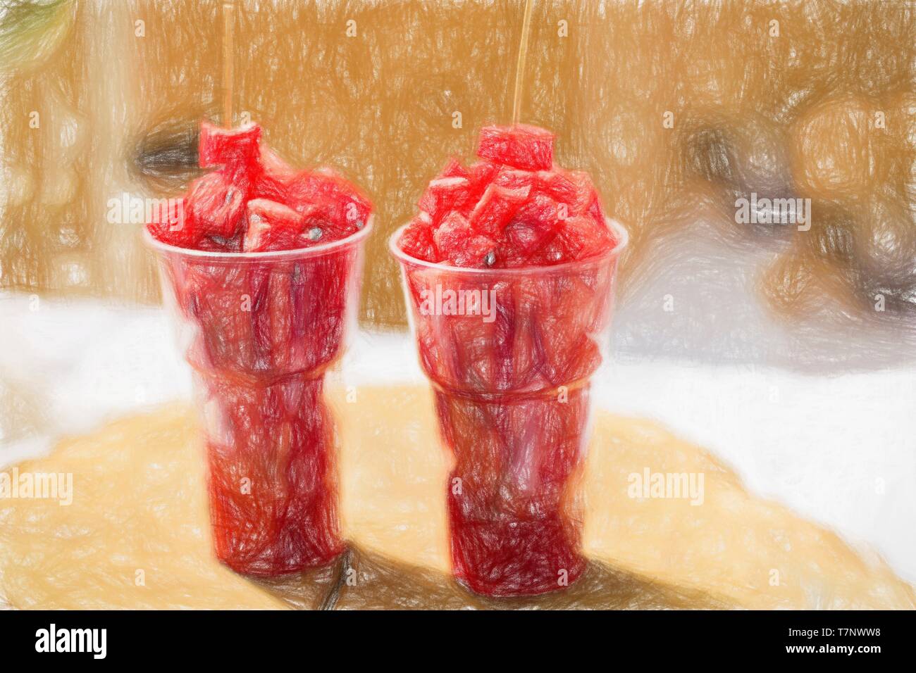 Plastic Cups With Watermelon Slices Stock Photo Alamy