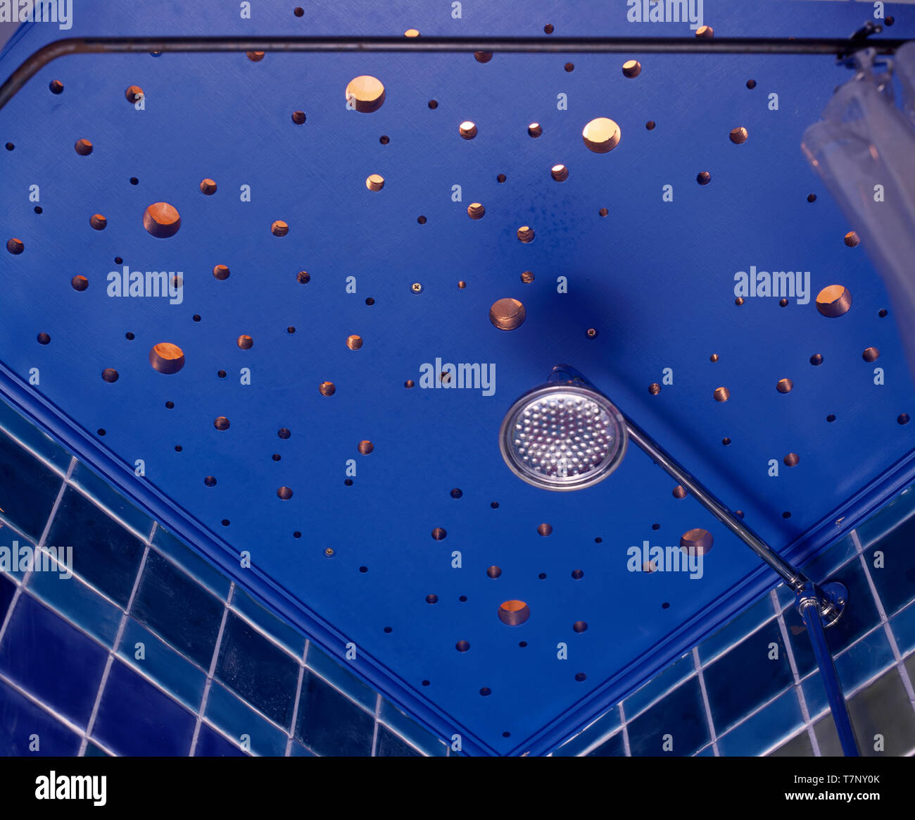 Stainless steel showerhead and decoratively painted blue ceiling Stock