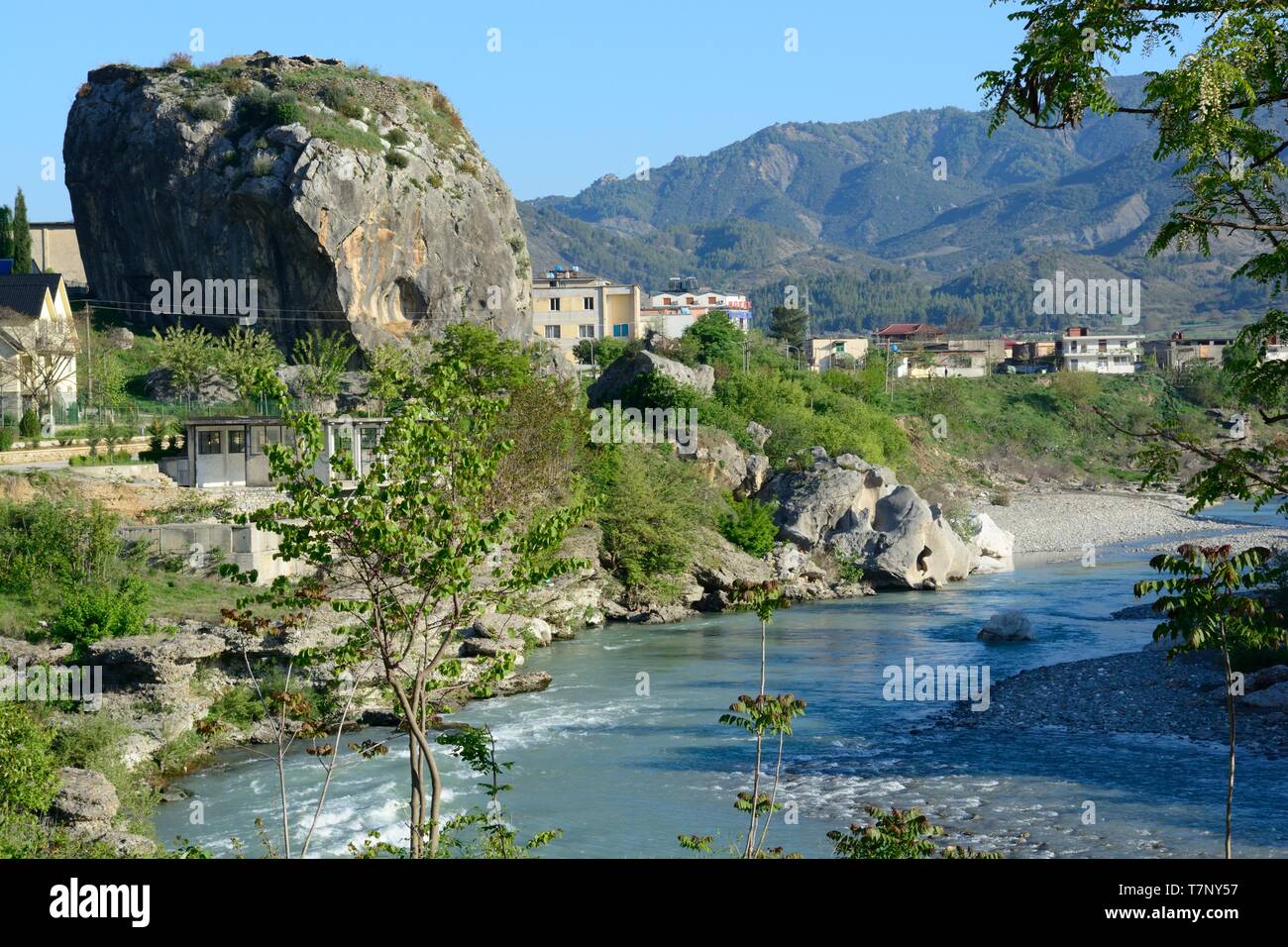 Guri i Qytetit City Stone impressive rock overlooking the river Vjosa Permet Albania Stock Photo