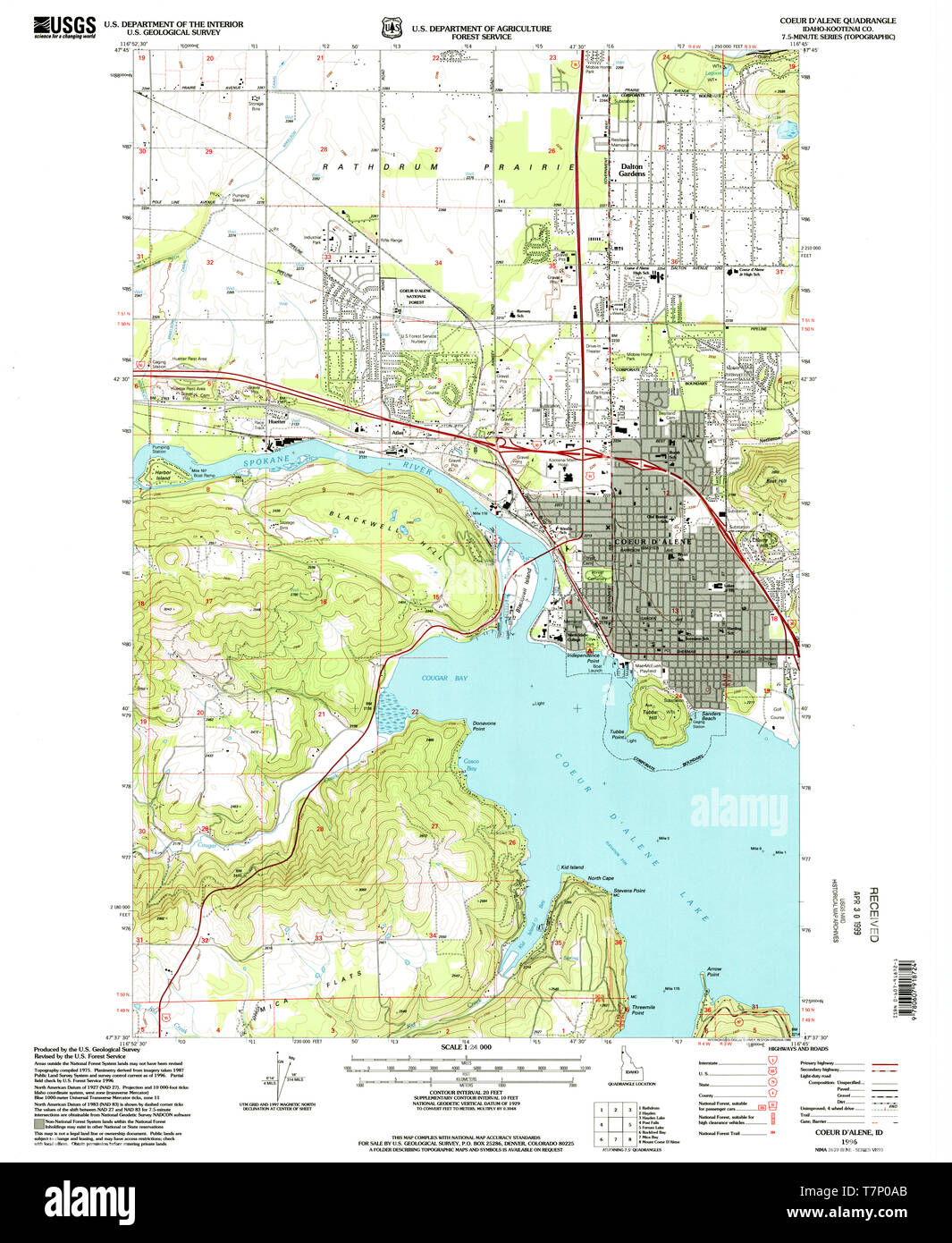 USGS TOPO Map Idaho ID Coeur DAlene 235736 1996 24000 Restoration Stock Photo