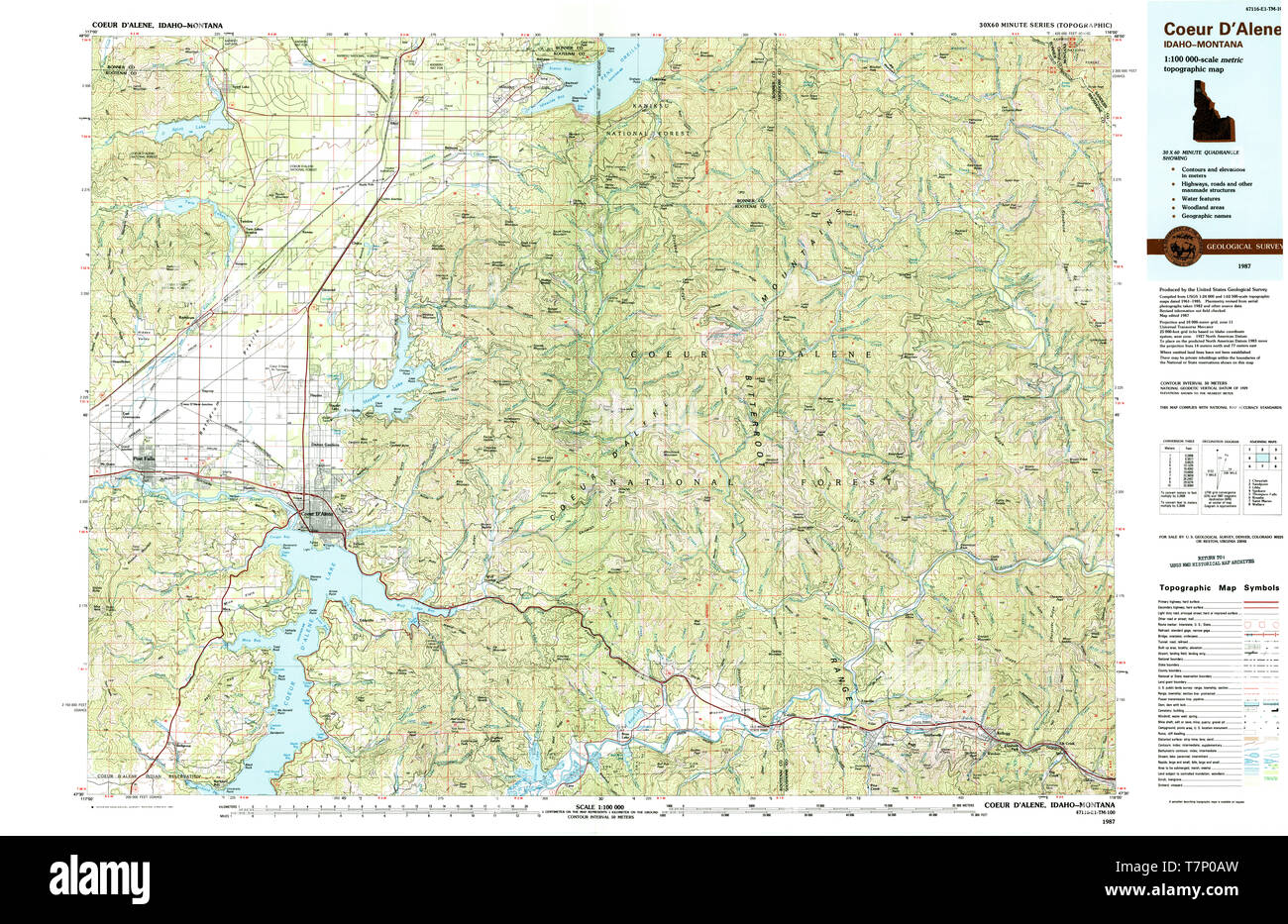 USGS TOPO Map Idaho ID Coeur DAlene 239369 1987 100000 Restoration Stock Photo