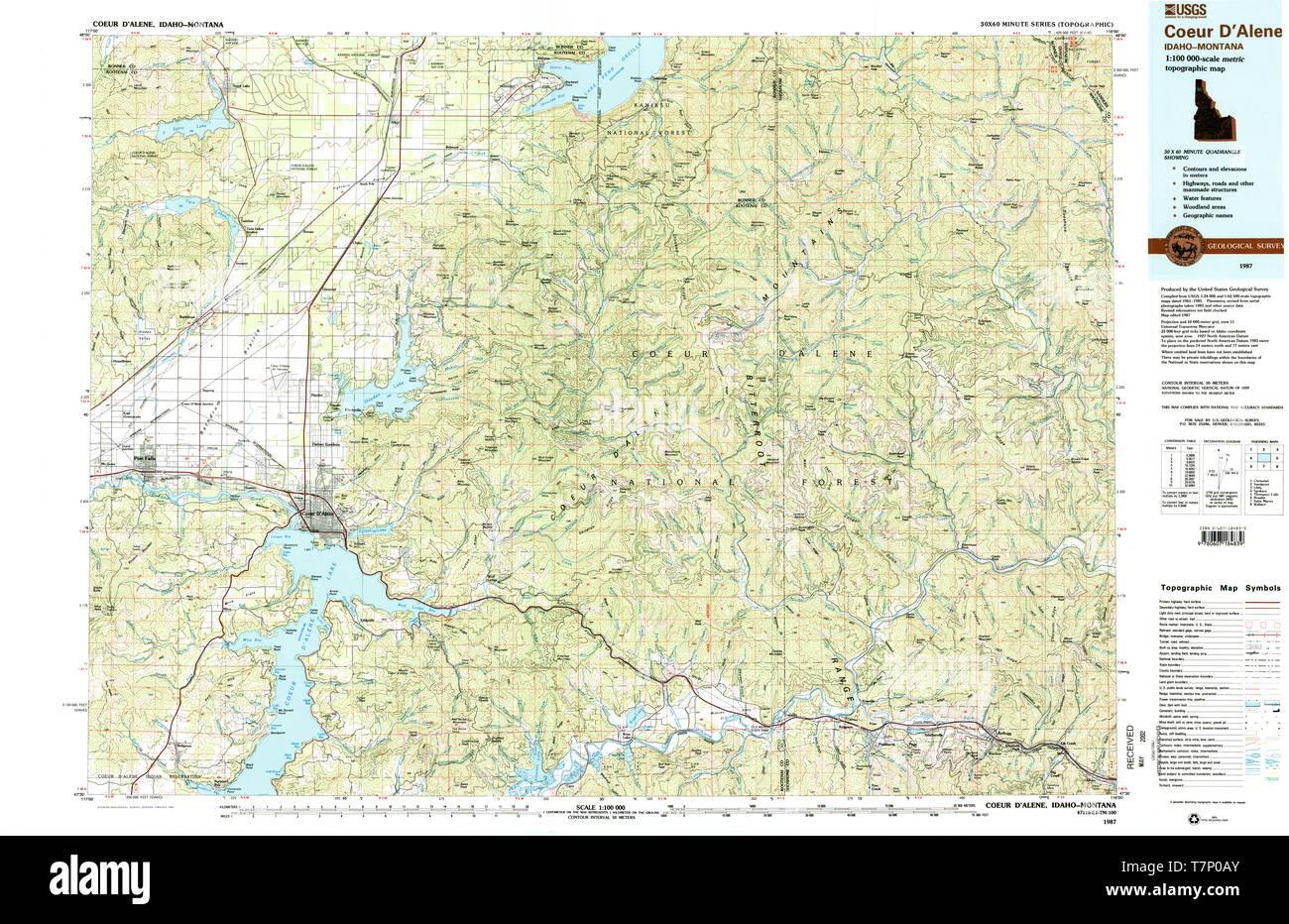 USGS TOPO Map Idaho ID Coeur DAlene 239371 1987 100000 Restoration Stock Photo