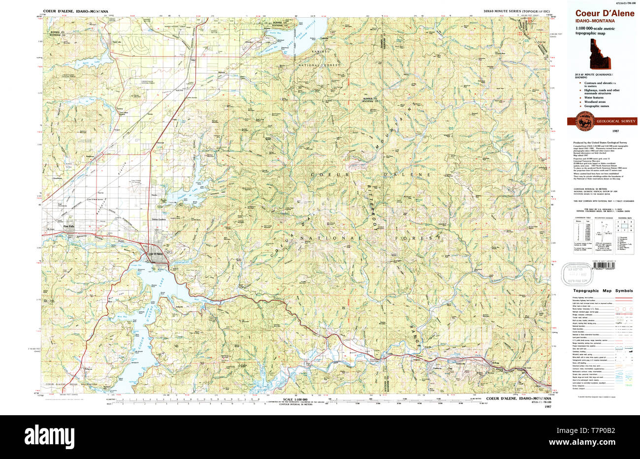 USGS TOPO Map Idaho ID Coeur DAlene 239372 1987 100000 Restoration Stock Photo