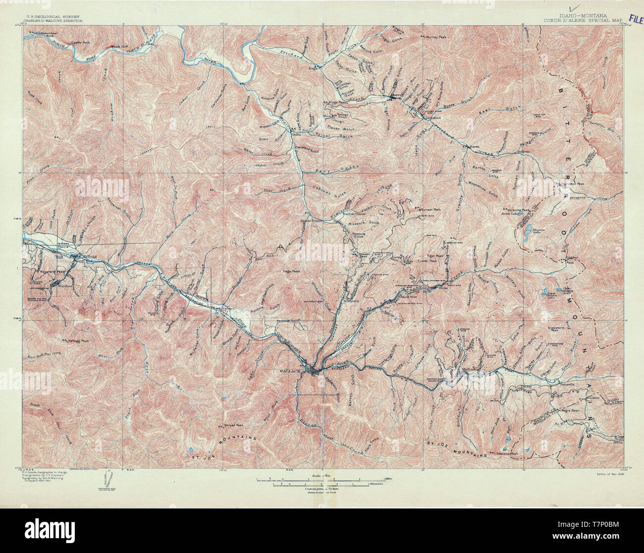 USGS TOPO Map Idaho ID Coeur DAlene District 238988 1906 62500 Restoration Stock Photo