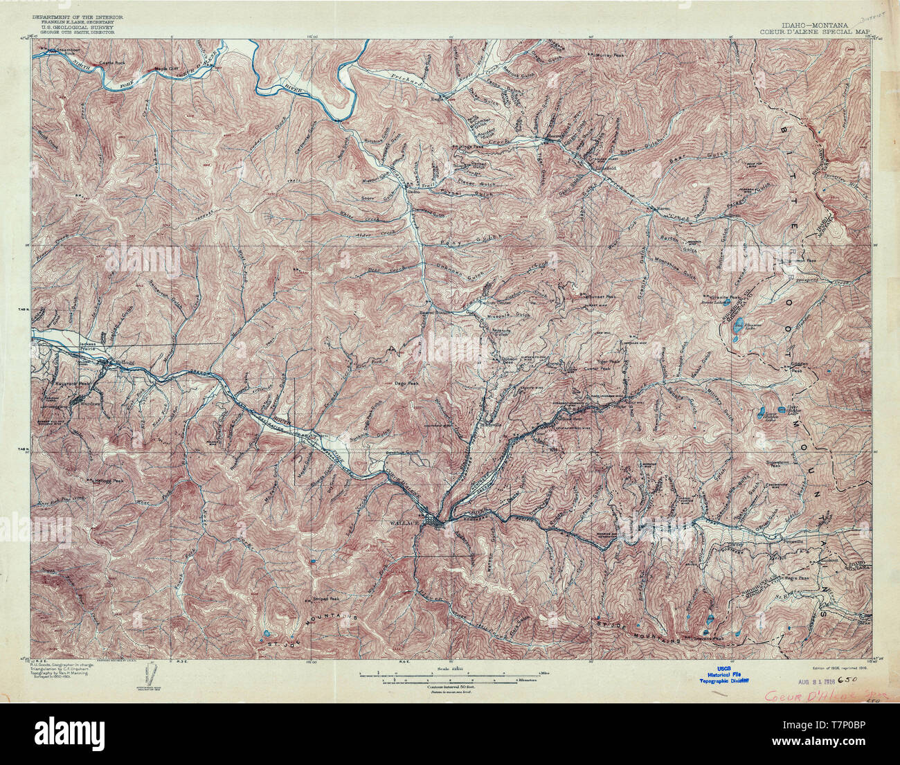 USGS TOPO Map Idaho ID Coeur DAlene District 238990 1906 62500 Restoration Stock Photo