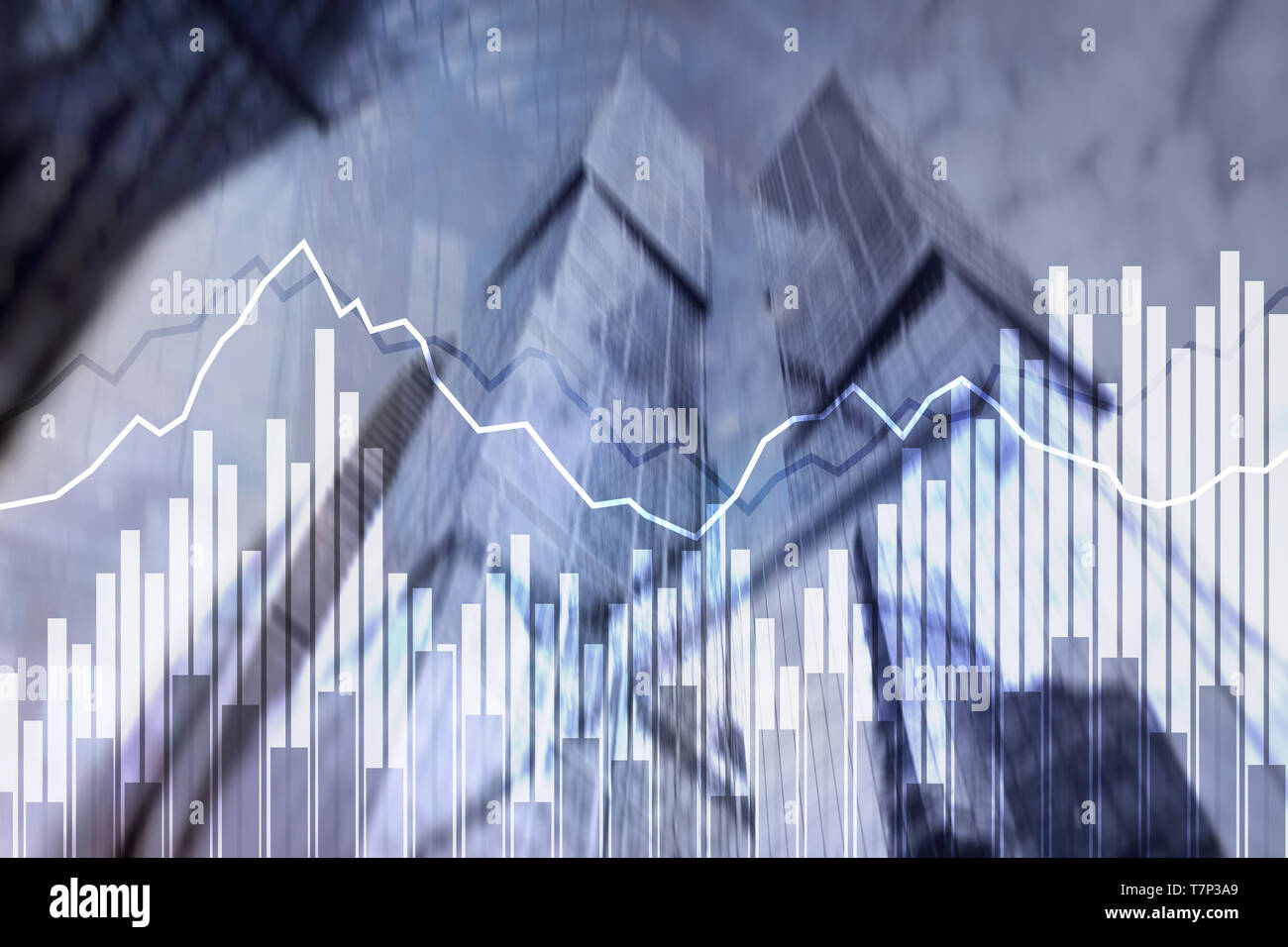 Double exposure Financial graphs and diagrams. Business, economics and investment concept. Stock Photo