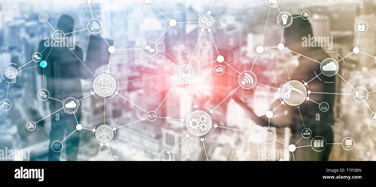 Technology industrial business process workflow organisation structure on virtual screen. IOT smart industry concept mixed media diagram Stock Photo