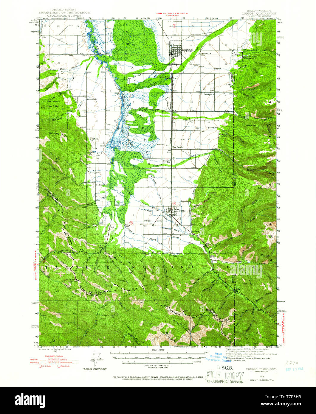 USGS TOPO Map Idaho ID Driggs 239044 1943 62500 Restoration Stock Photo