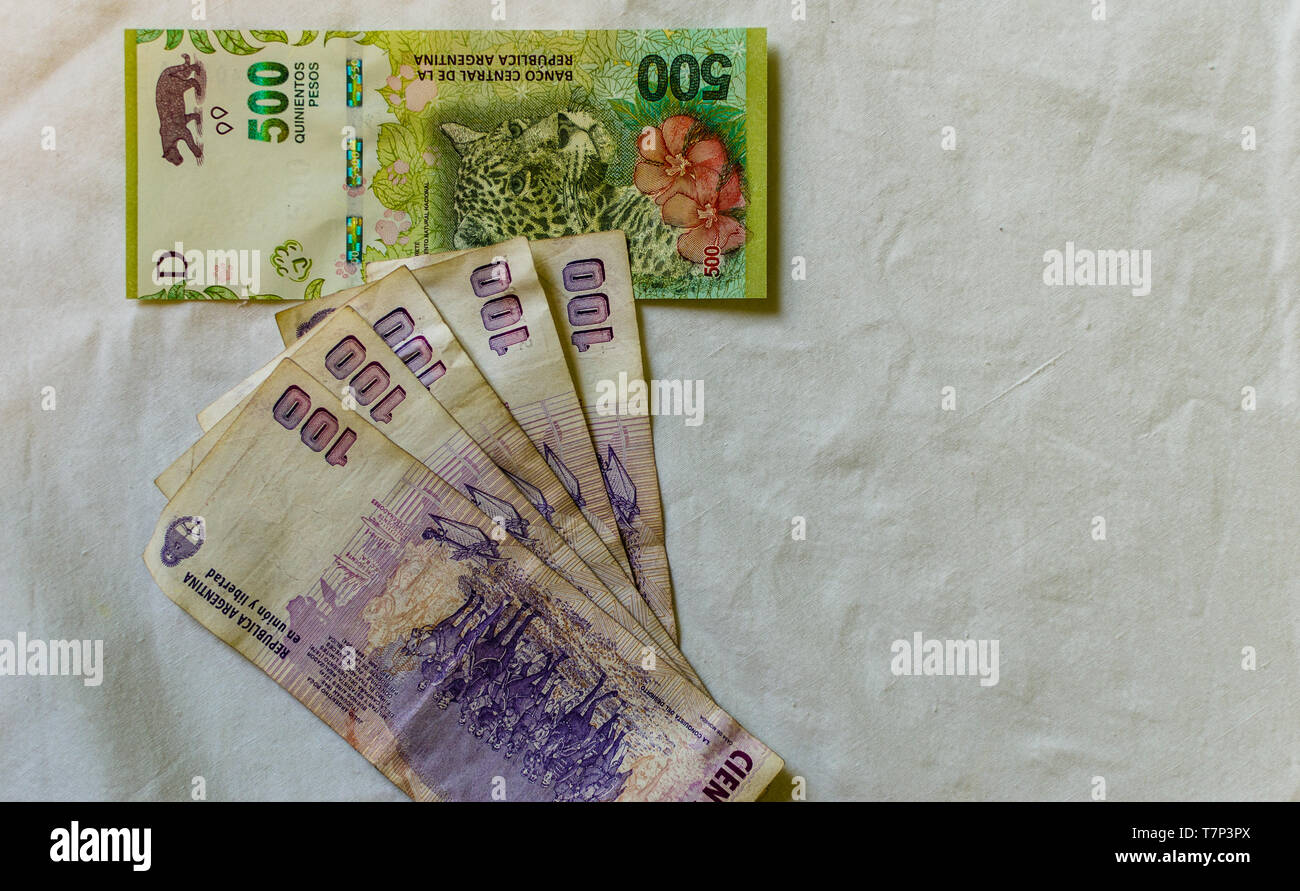 Close up photo of Argentina money, bills of 100 and 500 peso Stock