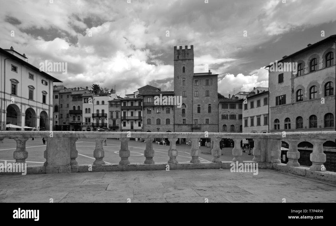 scenic view of Piazza Grande ancient square in the old center of Arezzo city, Tuscany, Italy Stock Photo