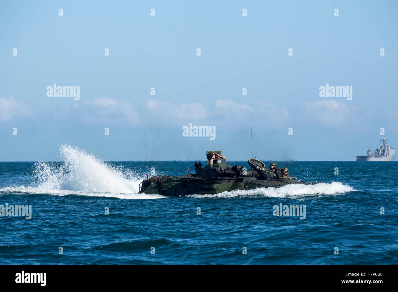 U.S. Marines with 2nd Assault Amphibian Battalion (2nd AAB), 2nd Marine Division, move into an assault formation on Camp Lejeune, N.C., May 1, 2019. Marines with 2nd AAB conducted Ship-to-Shore exercises in support of training for the crew of the USS Carter Hall. (U.S. Marine Corps photo by Lance Cpl. Tyler M. Solak) Stock Photo