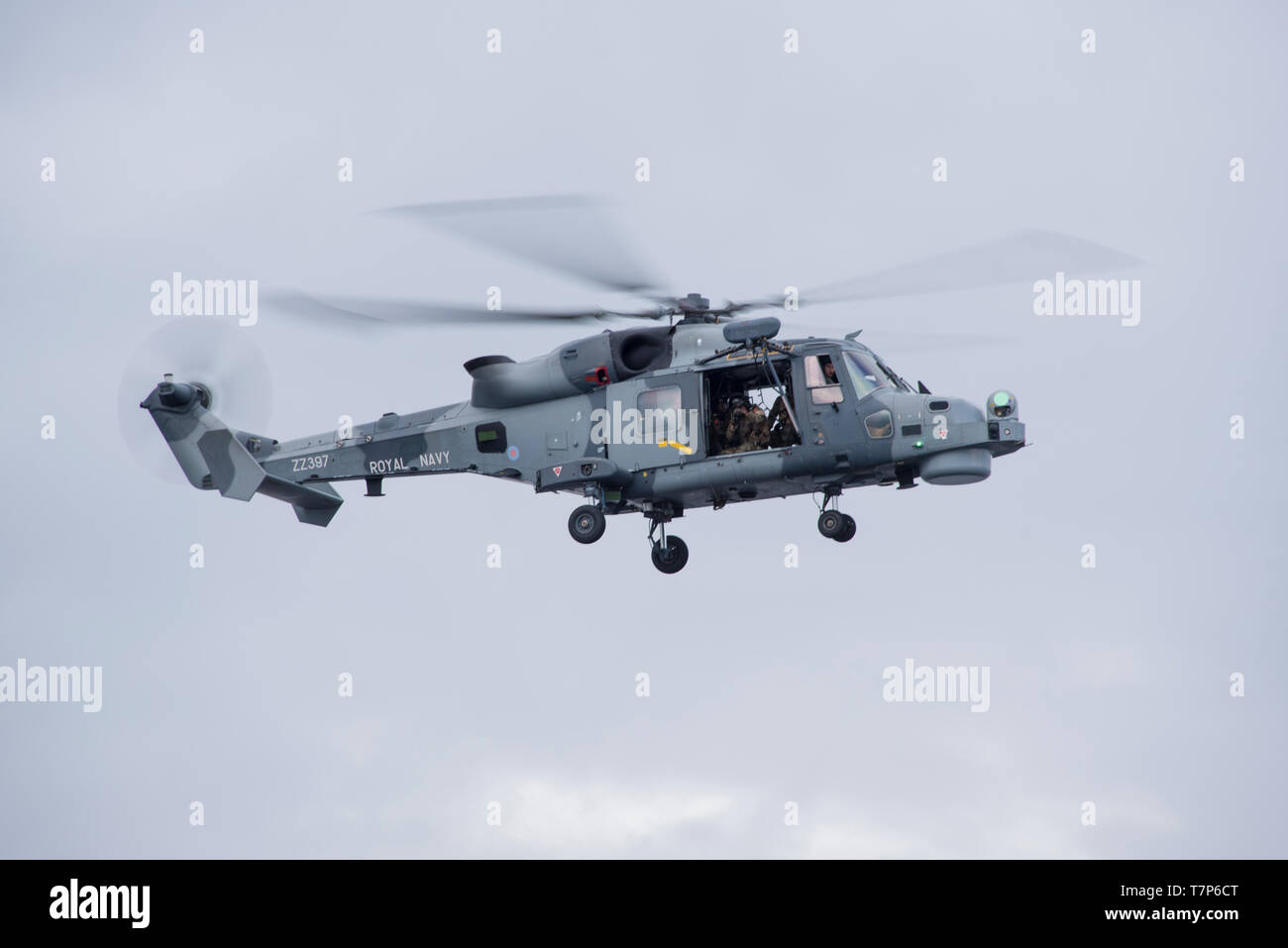 A British Royale Navy Wildcat attack helicopter conducts a series of training exercises and scenarios with a Tactical Training Boat (TTB) crew attached to Coast Guard Helicopter Tactical Interdiction Squadron (HITRON) May 2, 2019, on the St. Johns River in Jacksonville, Florida. HITRON crewmembers worked alongside the British Royale Navy and Dutch Navy during Operation Iron Eagle, a two week international training exercise. (U.S. Coast Guard photo by Petty Officer 3rd Class Ryan Dickinson) Stock Photo