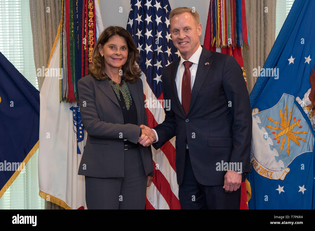 U.S. Acting Secretary of Defense Patrick M. Shanahan hosts Colombian Vice President Marta Lucía Ramírez at the Pentagon, Washington, D.C., May 7, 2019. (DoD photo by Lisa Ferdinando) Stock Photo