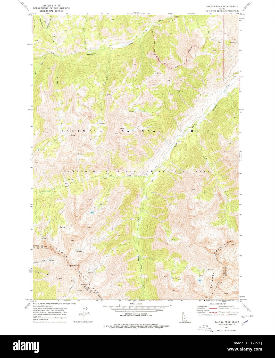 USGS TOPO Map Idaho ID Galena Peak 236174 1970 24000 Restoration Stock Photo