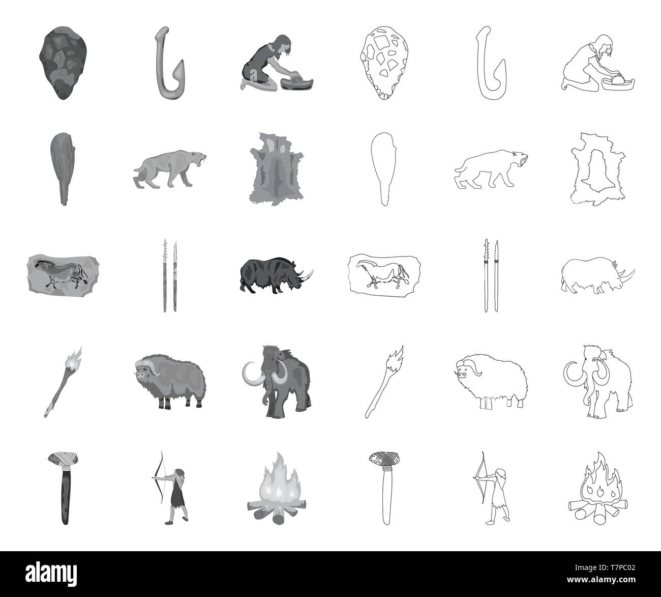 age,ancient,animal,antiquity,arrow,axe,beginning,bone,bow,campfire,caveman,cavewoman,collection,culture,design,development,epoch,fauna,fish,grindstone,hide,hook,humanity,icon,illustration,isolated,life,logo,man,mono,outline,muskox,painting,people,period,rhinoceros,saber-toothed,set,sign,spears,stone,survival,symbol,tiger,tool,torch,truncheon,vector,venus,web,woolly mammoth Vector Vectors , Stock Vector