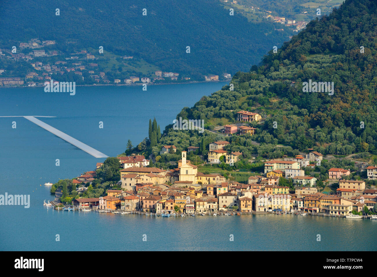 Italy, Lombardy, Iseo lake (Il Lago d'Iseo), Monte Isola island, Peschiera Maraglio village, The Floating Piers, Christo artist Stock Photo