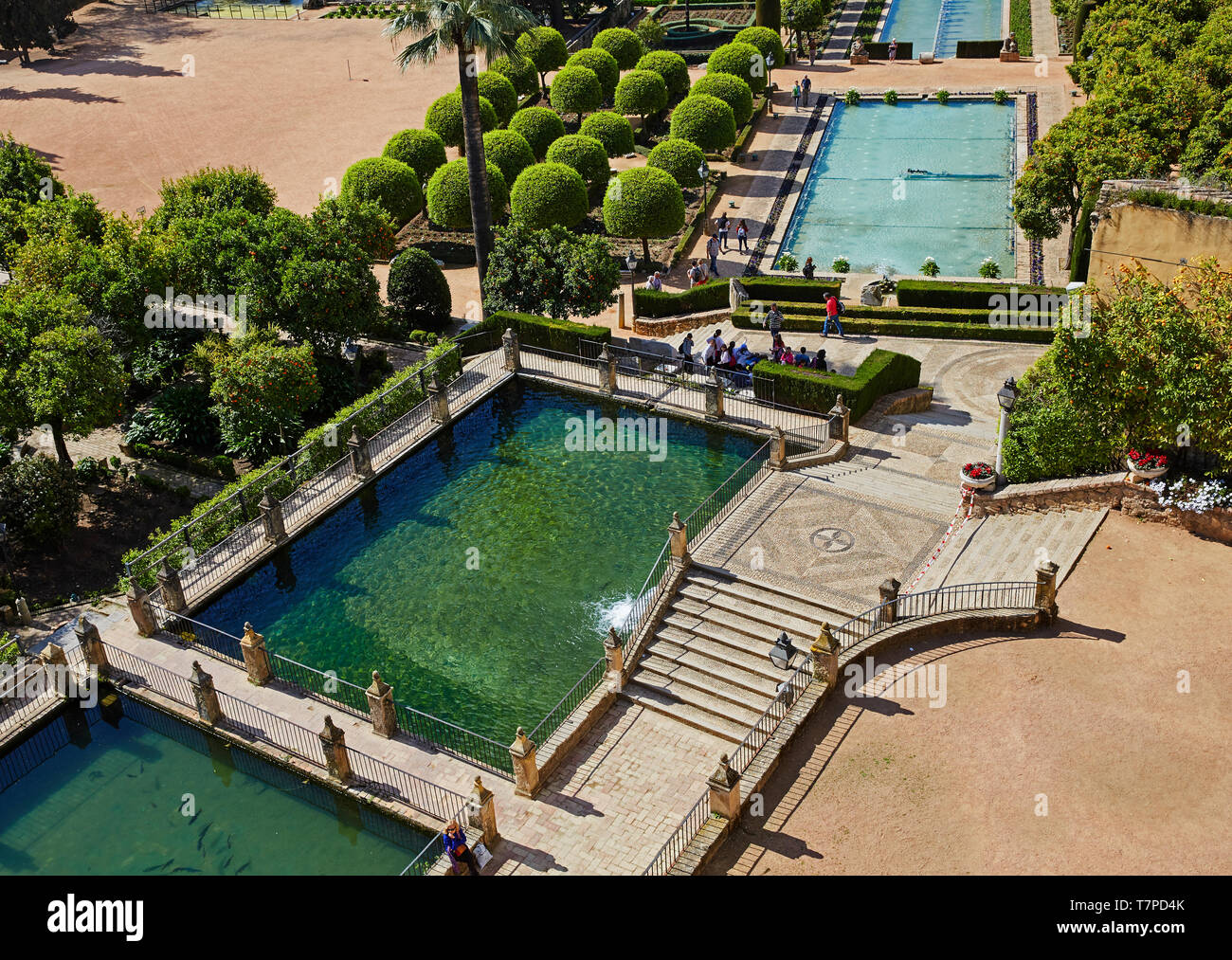 Elevated view of the pools and gardens of 'Alcazar de los Reyes Cristianos' in Cordoba Stock Photo