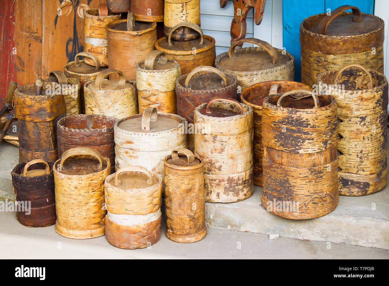 Ancient ancient birch baskets. Products from birch bark Stock Photo