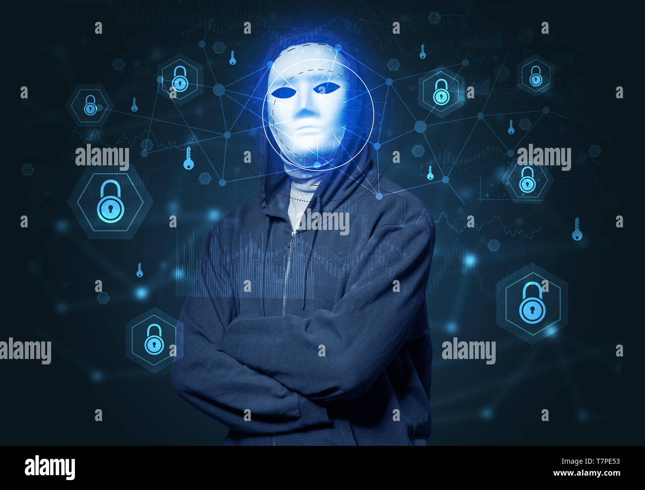 Facial security recognition concept with mesh and locks Stock Photo