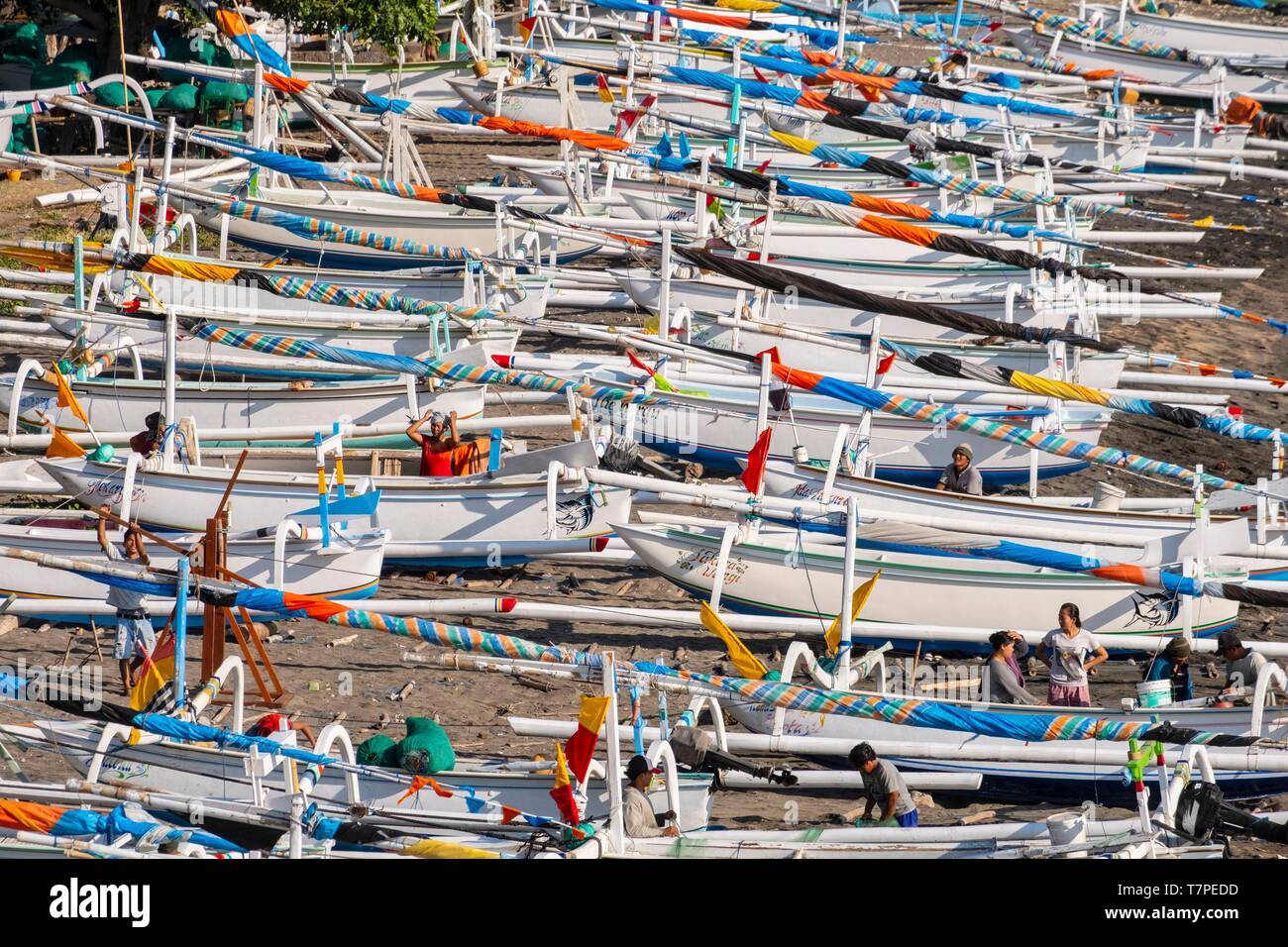 Indonesia, Bali, Amed and the east coast, Lehan beach, dugout canoes called Perahunelayan (prahu) on the beach Stock Photo
