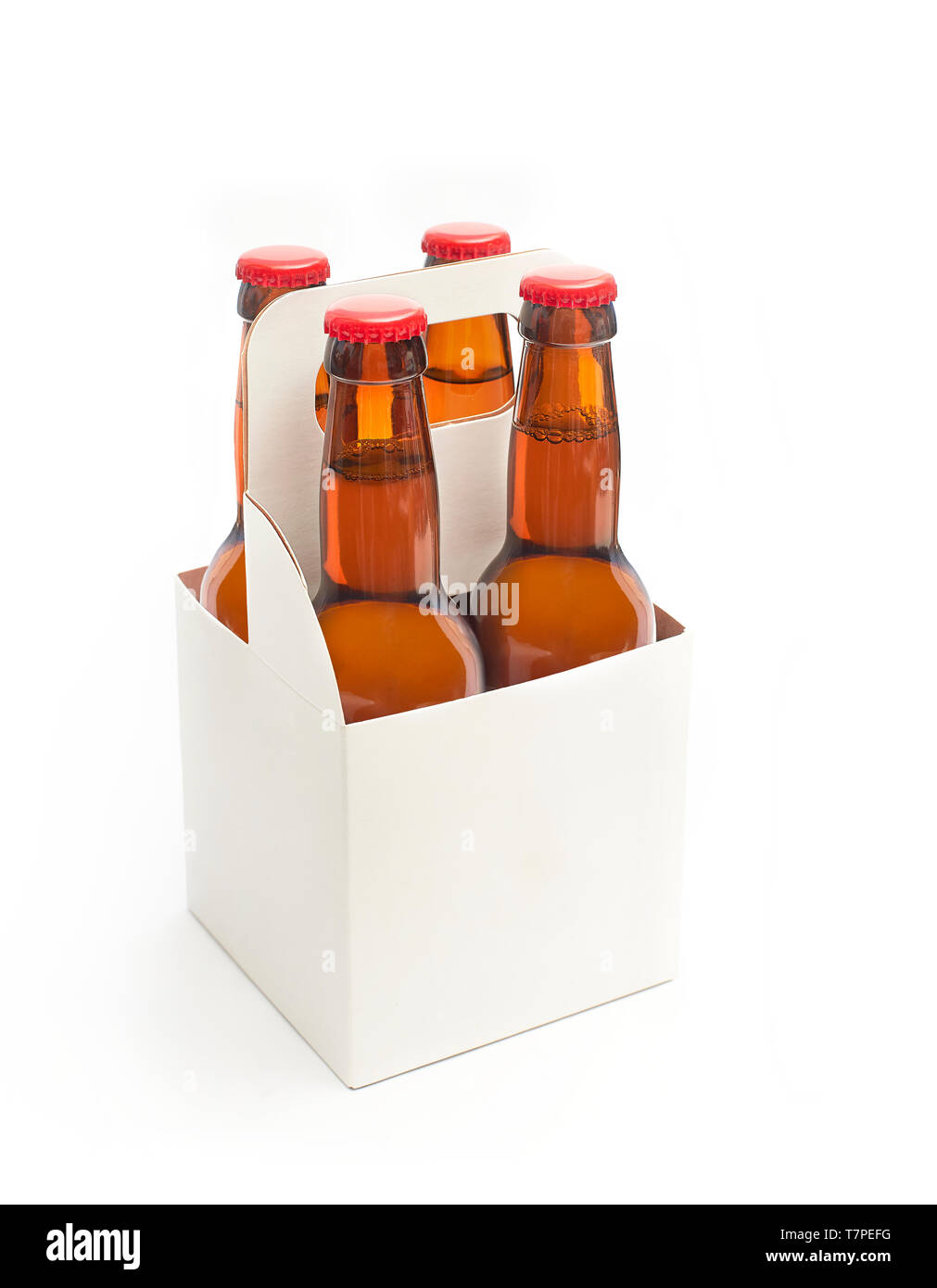A white blank beer packaging with four brown beer bottles isolated on a